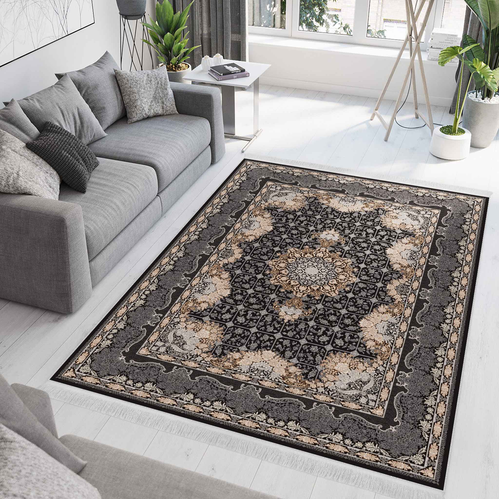 فرش ماشینی مه ترنج طرح عروس زمینه ذغالی فرش ماشینی مه ترنج طرح عروس زمینه ذغالی