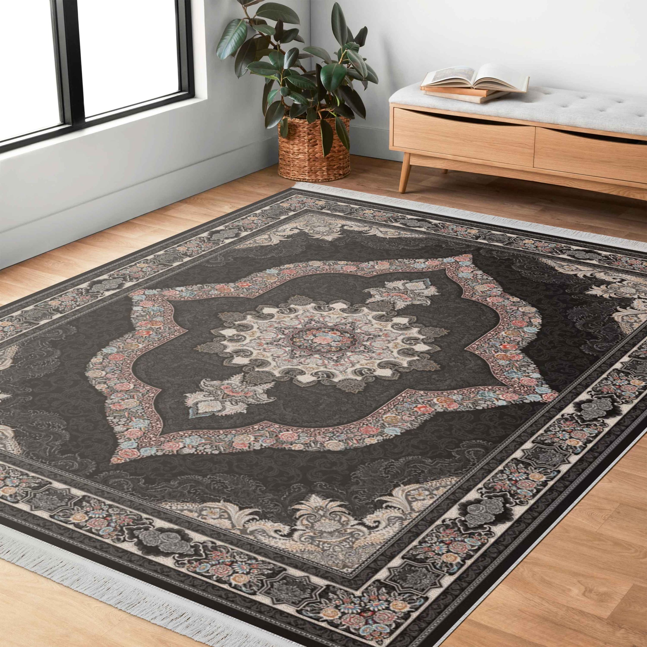 فرش ماشینی مه ترنج طرح کارینا زمینه ذغالی