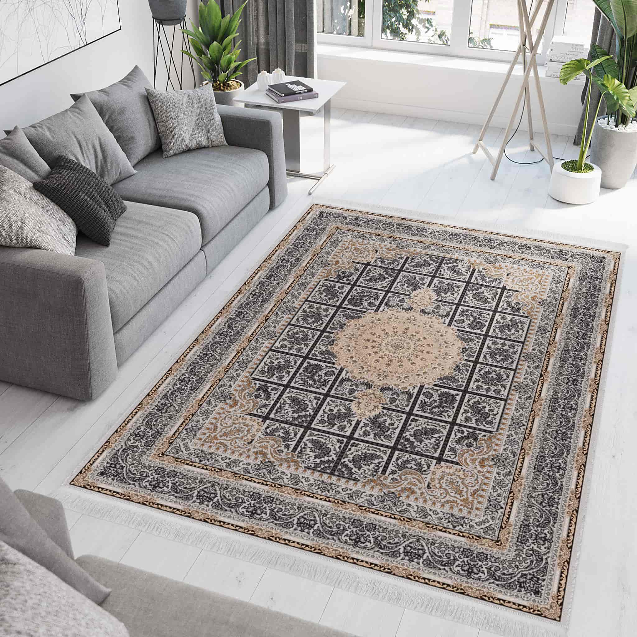فرش ماشینی مه ترنج طرح رایان زمینه نقره ای
