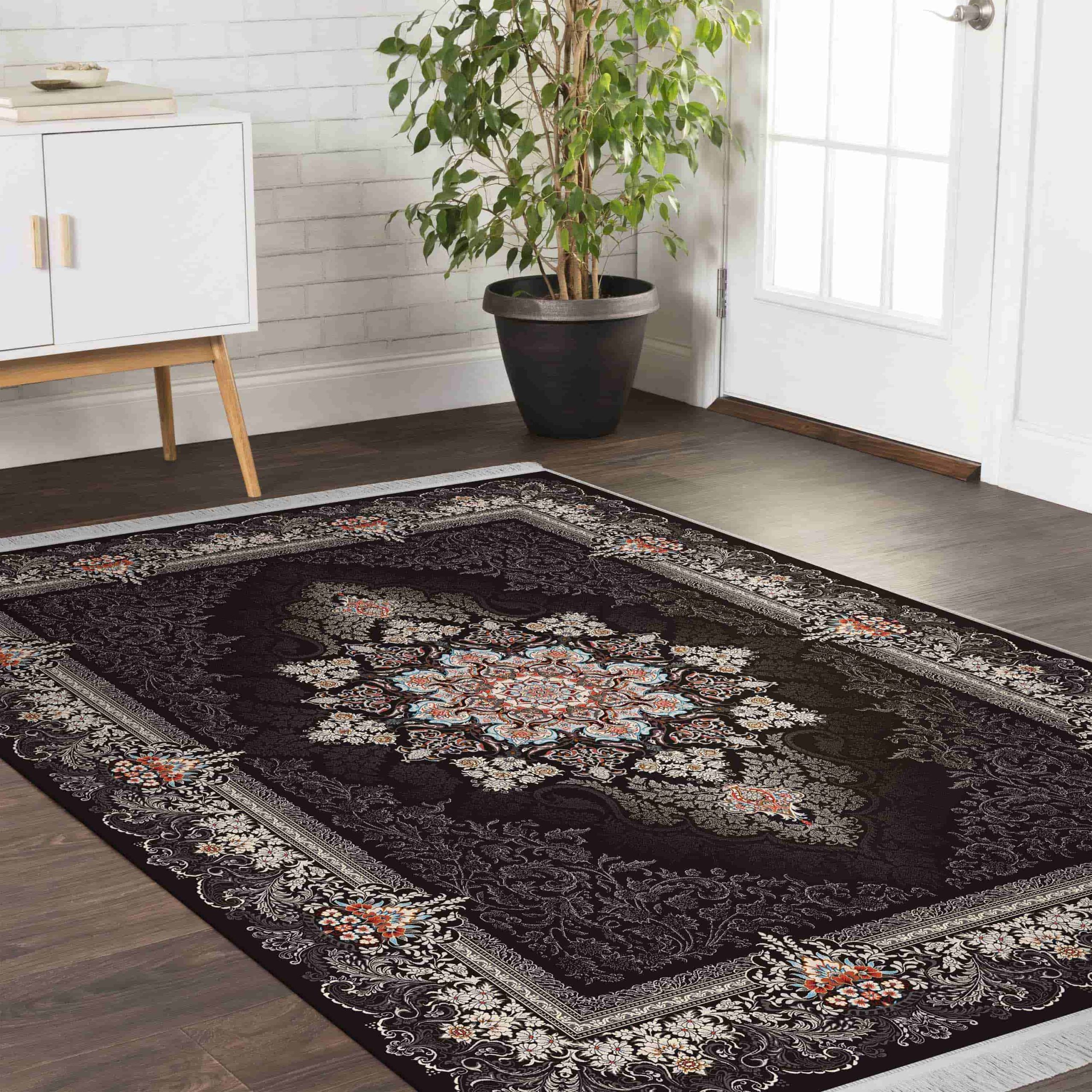 فرش ماشینی مه ترنج طرح دنیز زمینه ذغالی فرش ماشینی مه ترنج طرح دنیز زمینه ذغالی