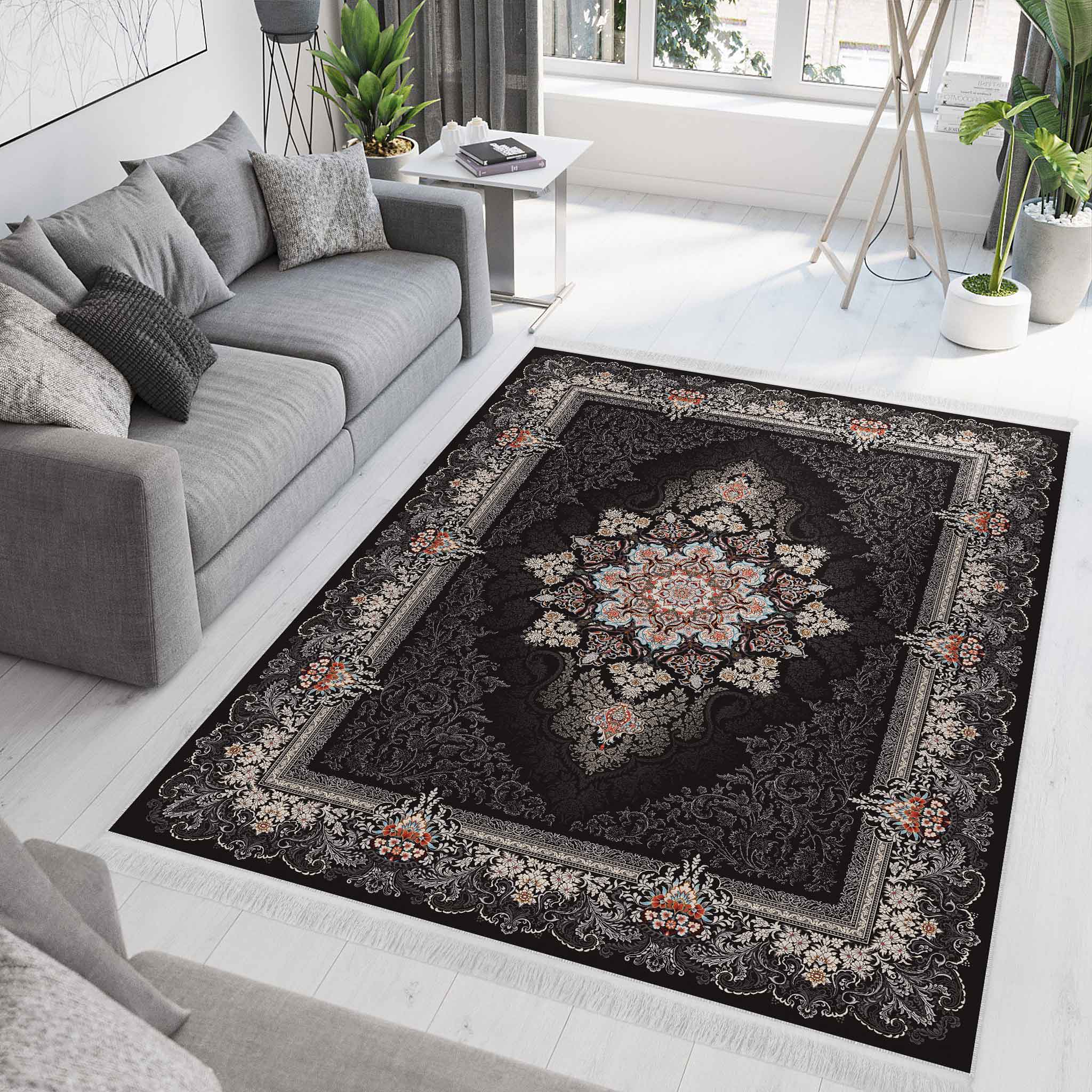 فرش ماشینی مه ترنج طرح دنیز زمینه ذغالی فرش ماشینی مه ترنج طرح دنیز زمینه ذغالی