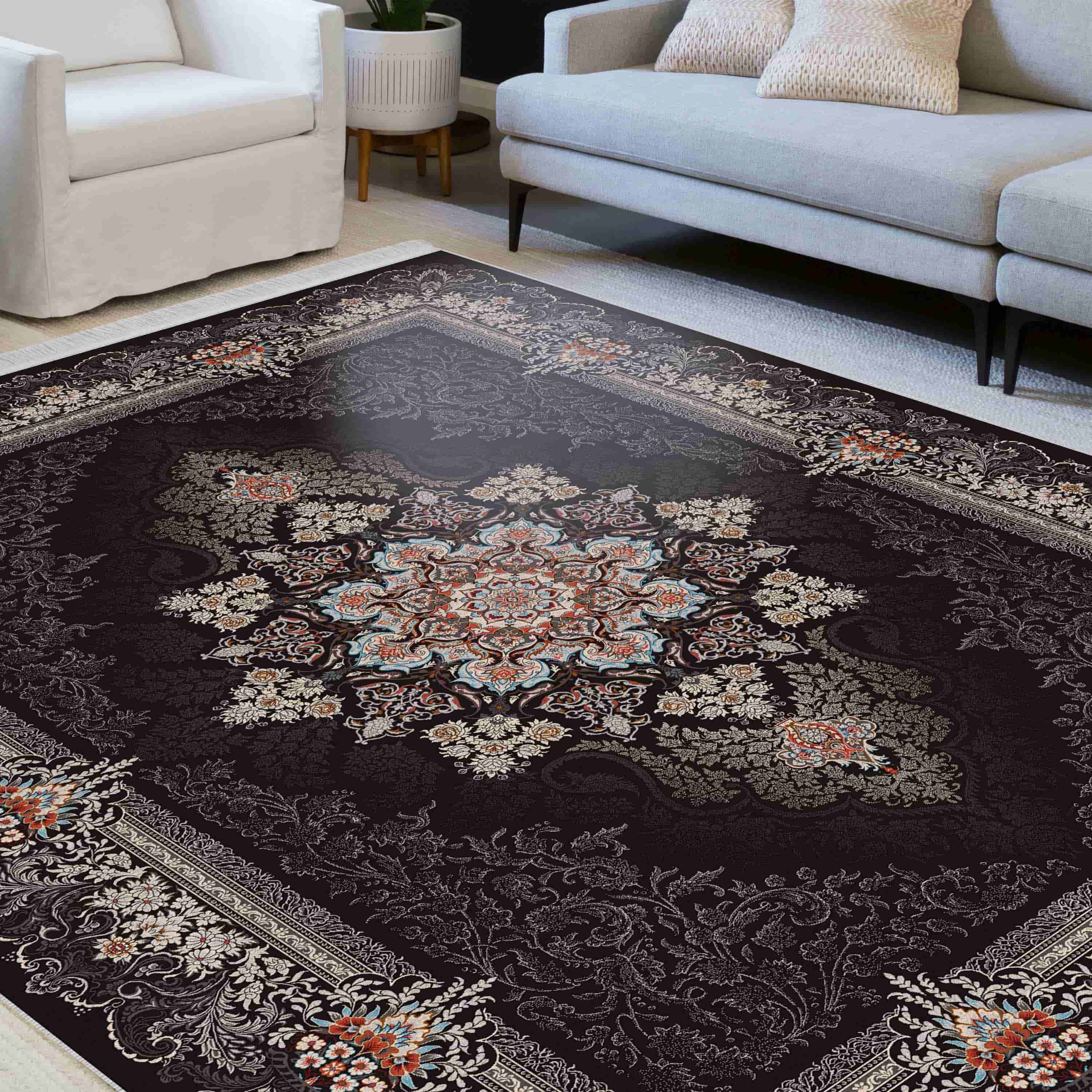 فرش ماشینی مه ترنج طرح دنیز زمینه ذغالی فرش ماشینی مه ترنج طرح دنیز زمینه ذغالی