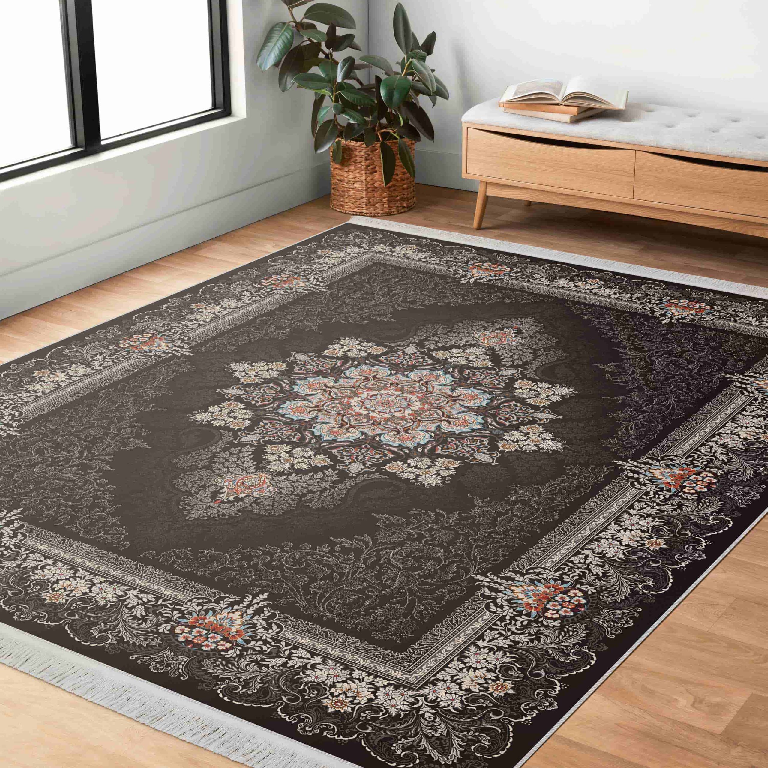 فرش ماشینی مه ترنج طرح دنیز زمینه ذغالی فرش ماشینی مه ترنج طرح دنیز زمینه ذغالی