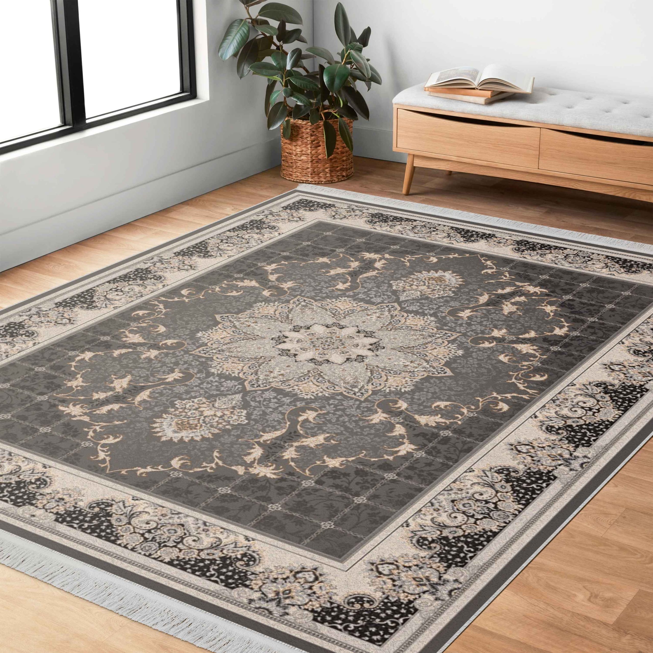 فرش ماشینی مه ترنج طرح هیوا زمینه فیلی