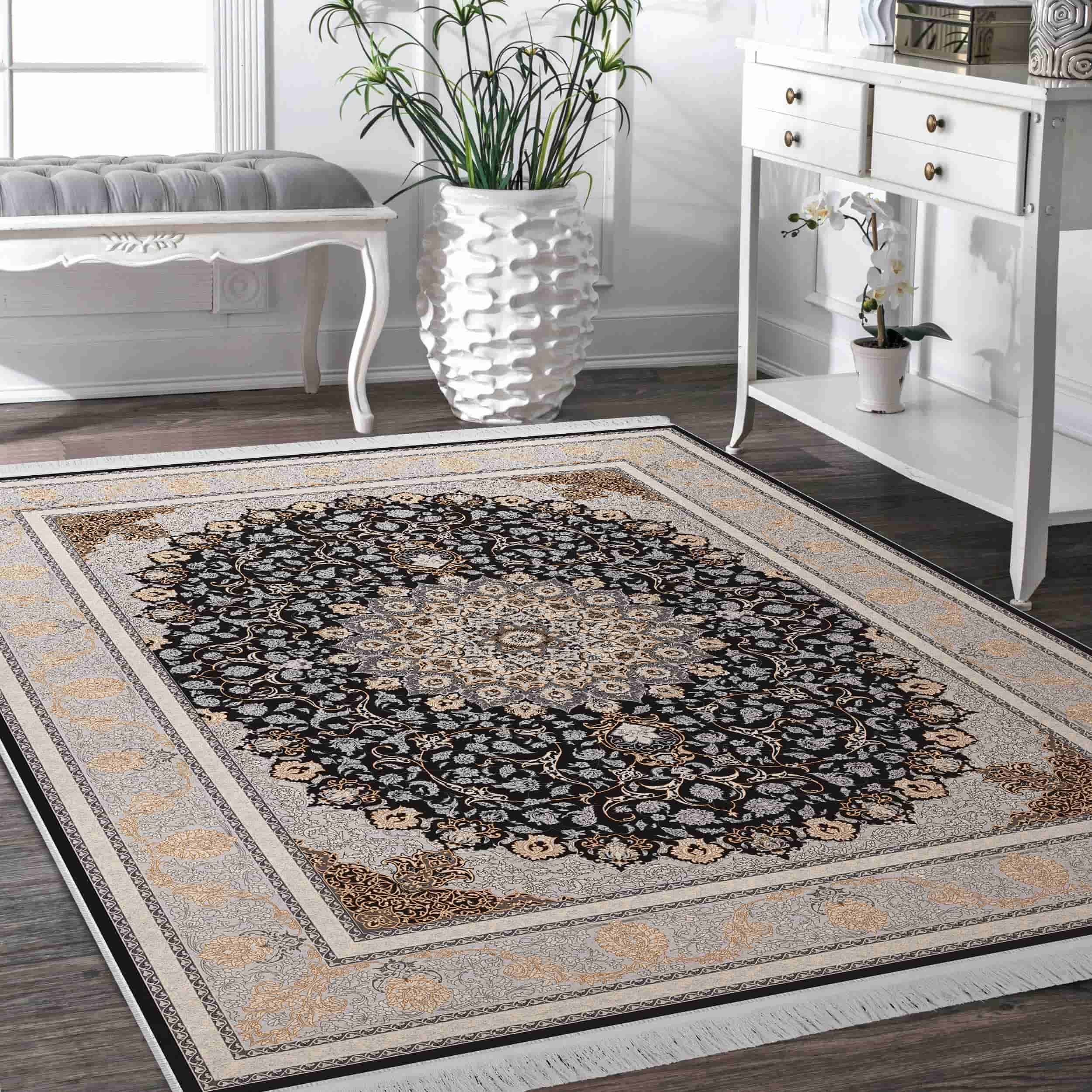 فرش ماشینی مه ترنج طرح مایسا زمینه ذغالی