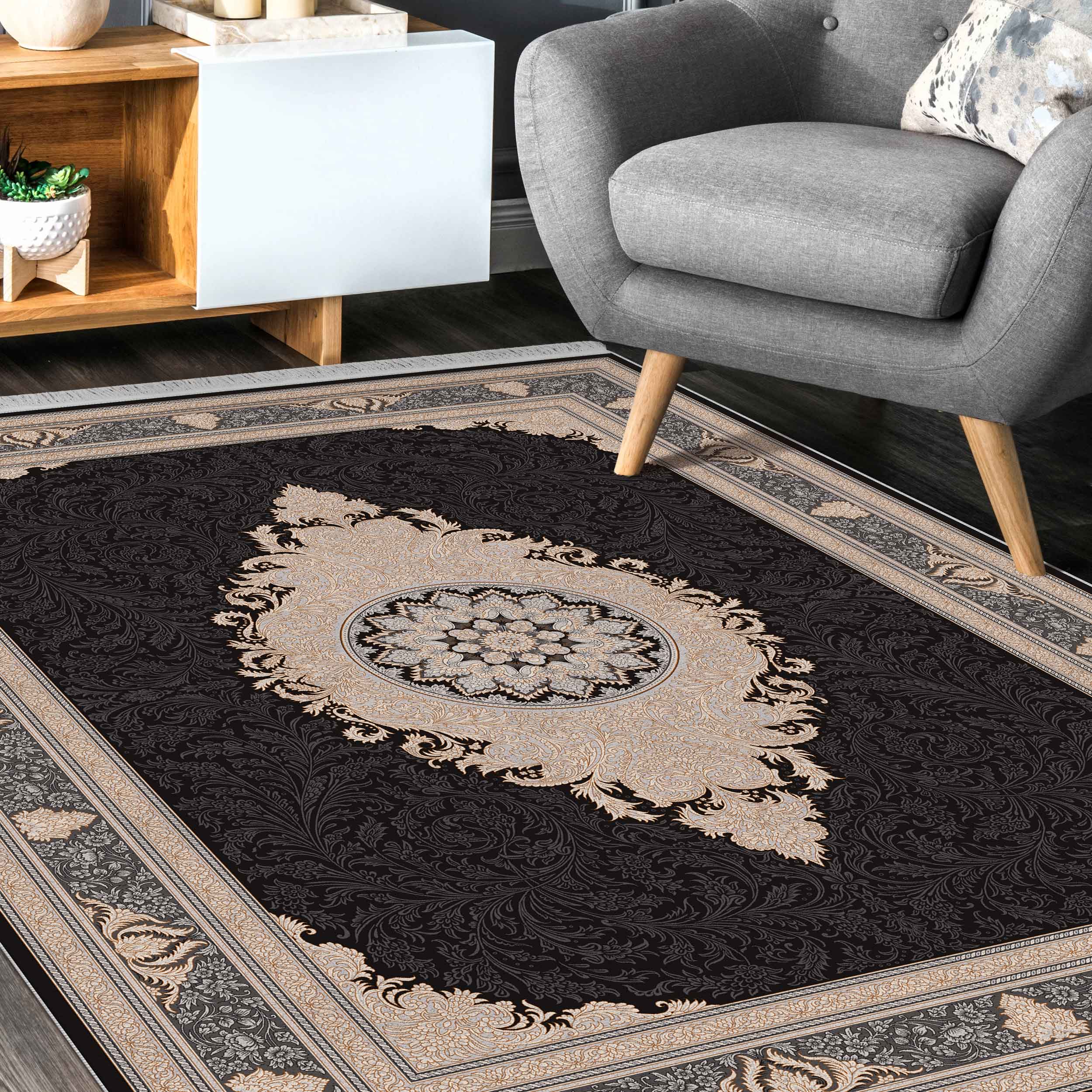 فرش ماشینی مه ترنج طرح نورا زمینه ذغالی فرش ماشینی مه ترنج طرح نورا زمینه ذغالی