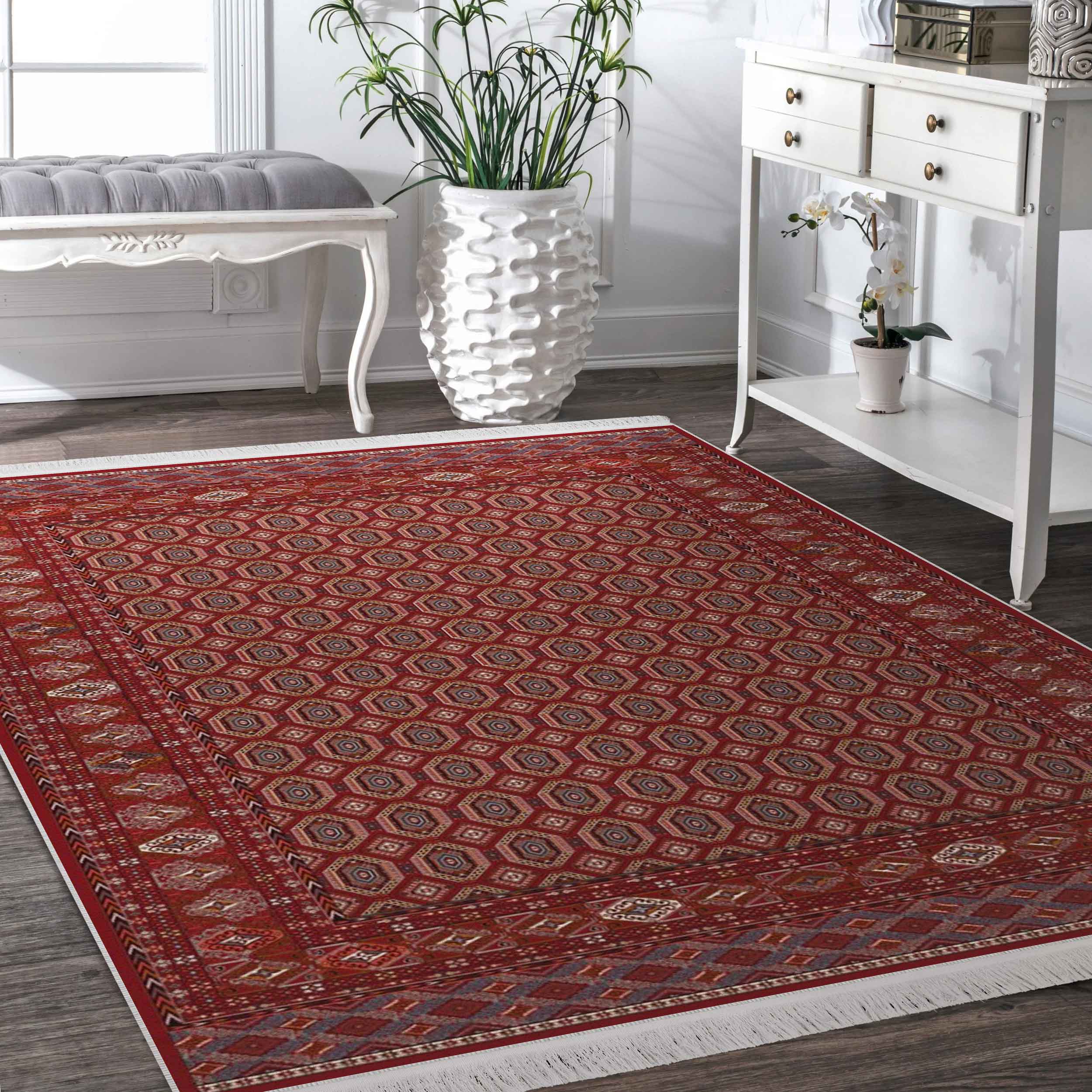 فرش ماشینی مه ترنج طرح ترکمن زمینه لاکی