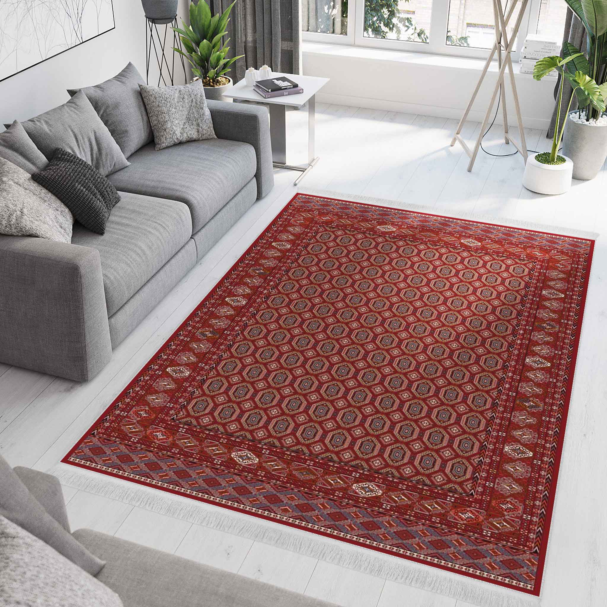 فرش ماشینی مه ترنج طرح ترکمن زمینه لاکی