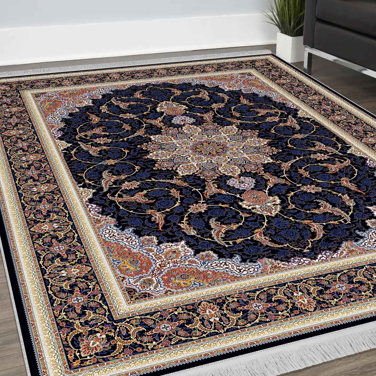 فرش ماشینی مه ترنج طرح گوهران زمینه سرمه ای 1000 شانه فرش ماشینی مه ترنج طرح گوهران زمینه سرمه ای 1000 شانه