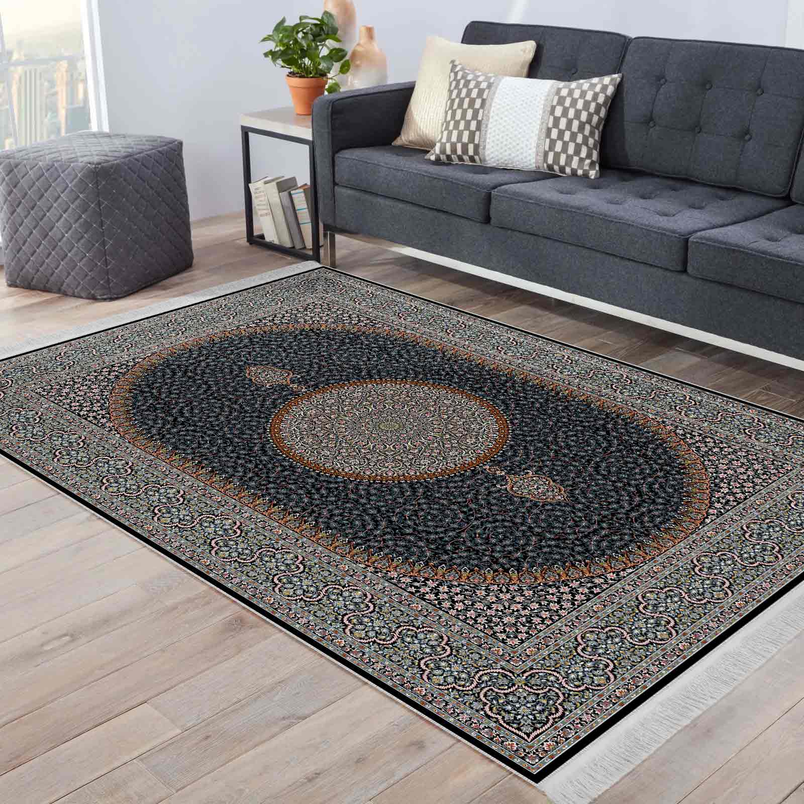 فرش ماشینی مه ترنج طرح ترنم زمینه سرمه ای 1000 شانه فرش ماشینی مه ترنج طرح ترنم زمینه سرمه ای 1000 شانه