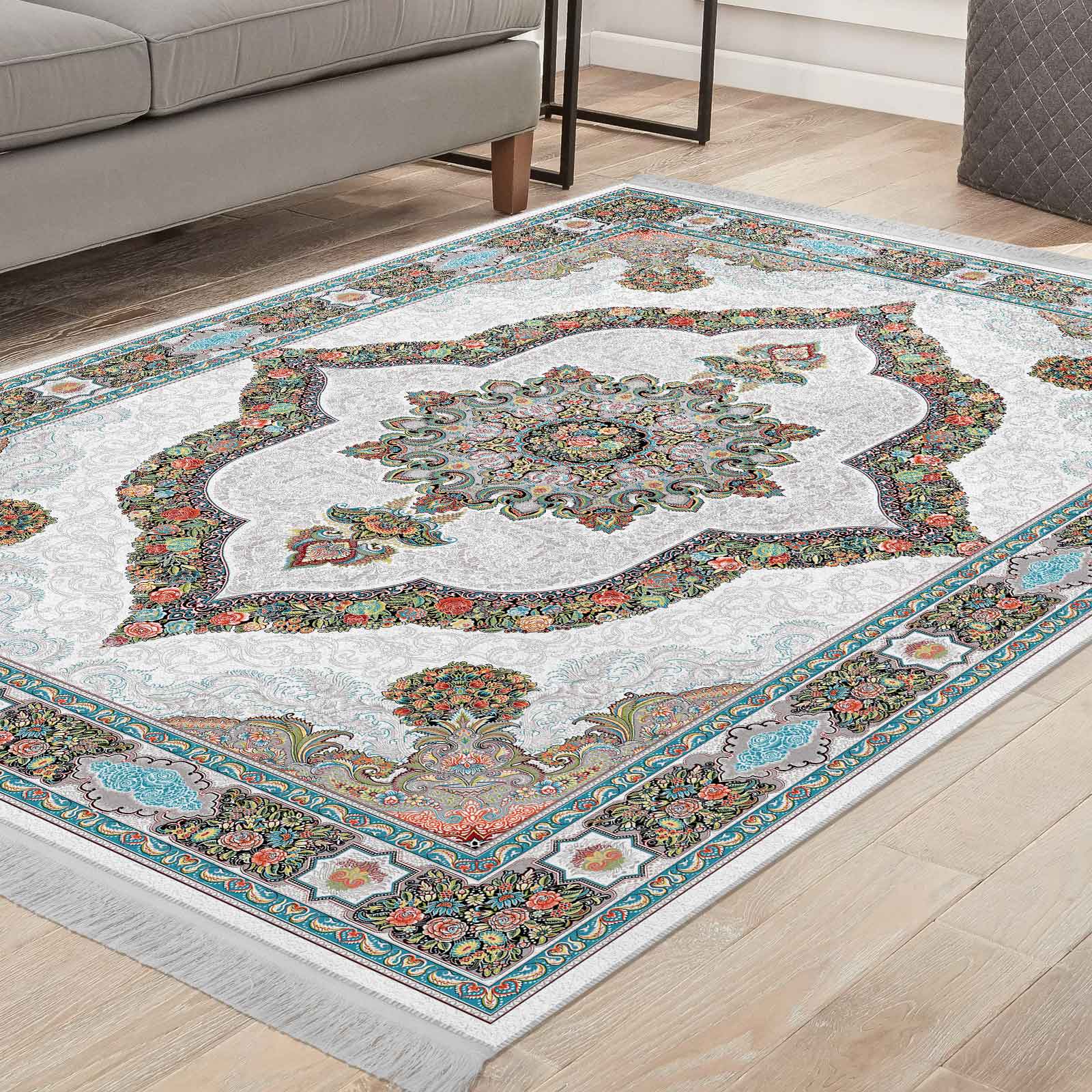 فرش ماشینی مه ترنج طرح کارینا زمینه کرم 1000 شانه فرش ماشینی مه ترنج طرح کارینا زمینه کرم 1000 شانه