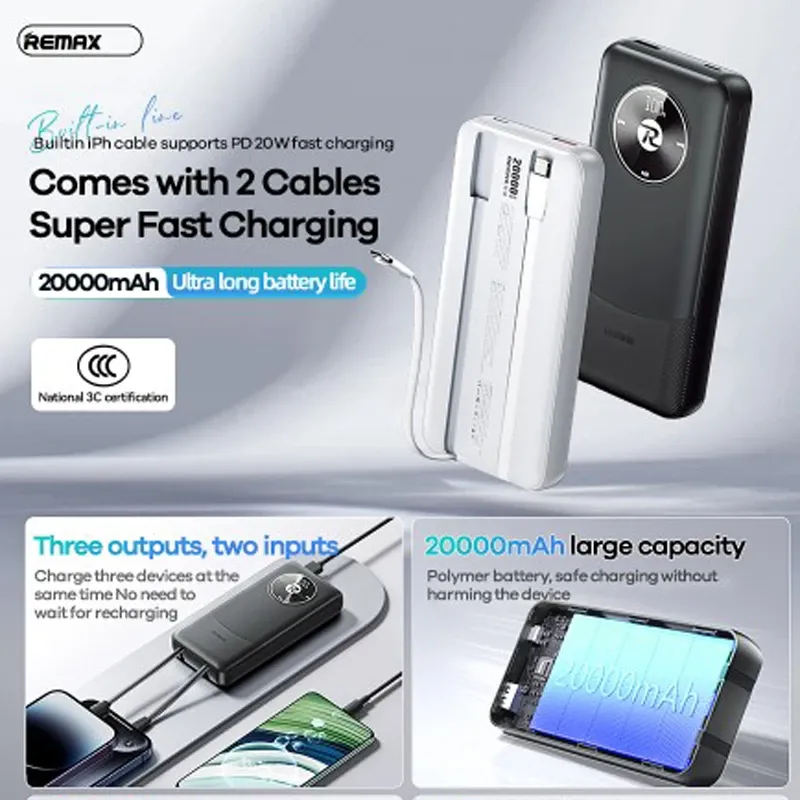 پاوربانک ریمکس مدل Fast Charge 2way ظرفیت 20000 میلی آمپر ساعت به همراه کابل USB-C و لایتنینگ